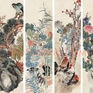 任薰《任薰花鸟四屏》清代书画作品图片赏析