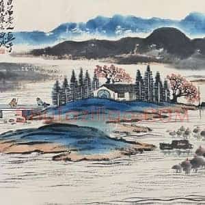 齐白石山水画《桃花岛》国画作品高清图片赏析